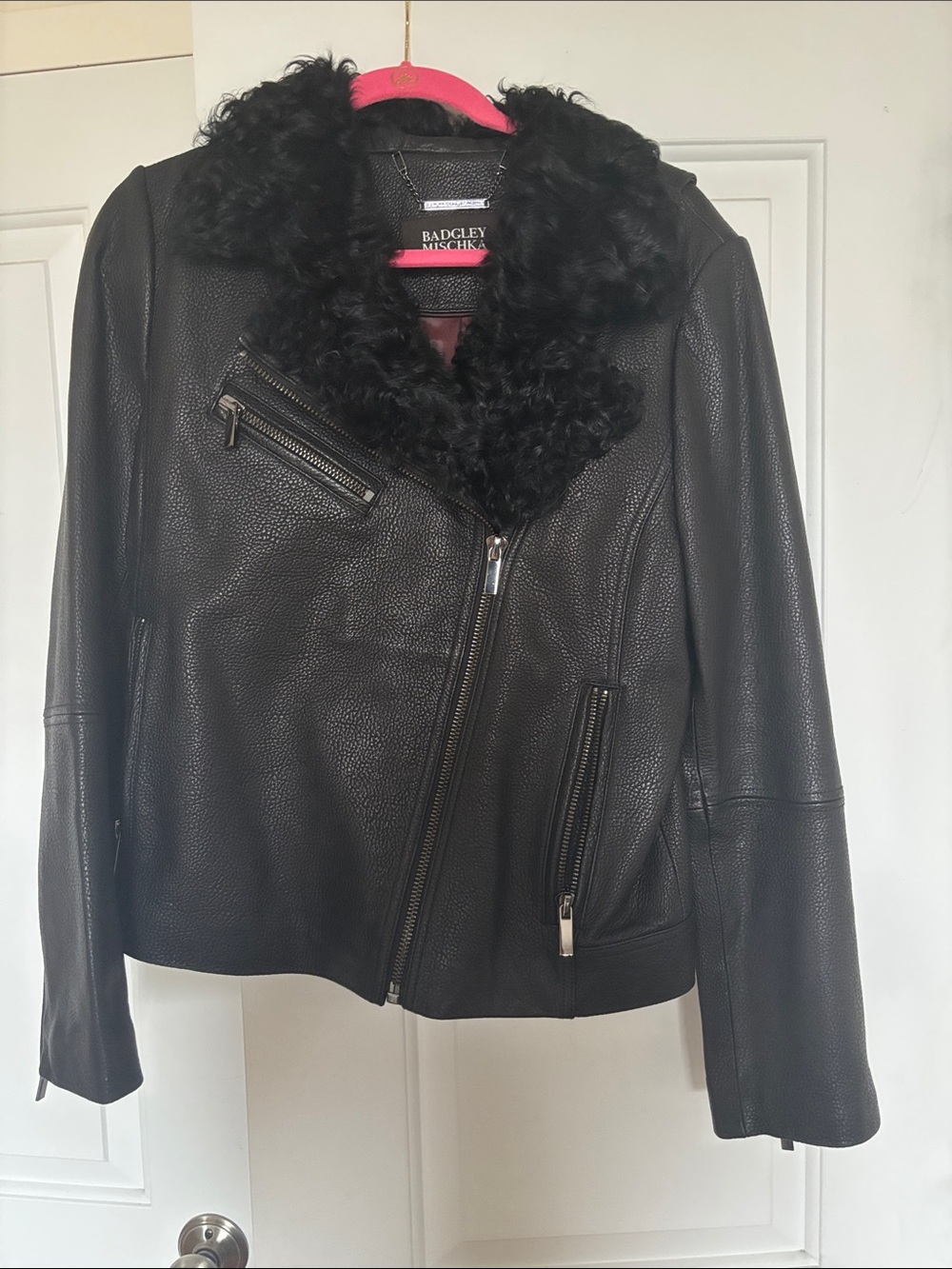 Badgley Mischka Black Leather Moto Jacket with Faux Fur Collar